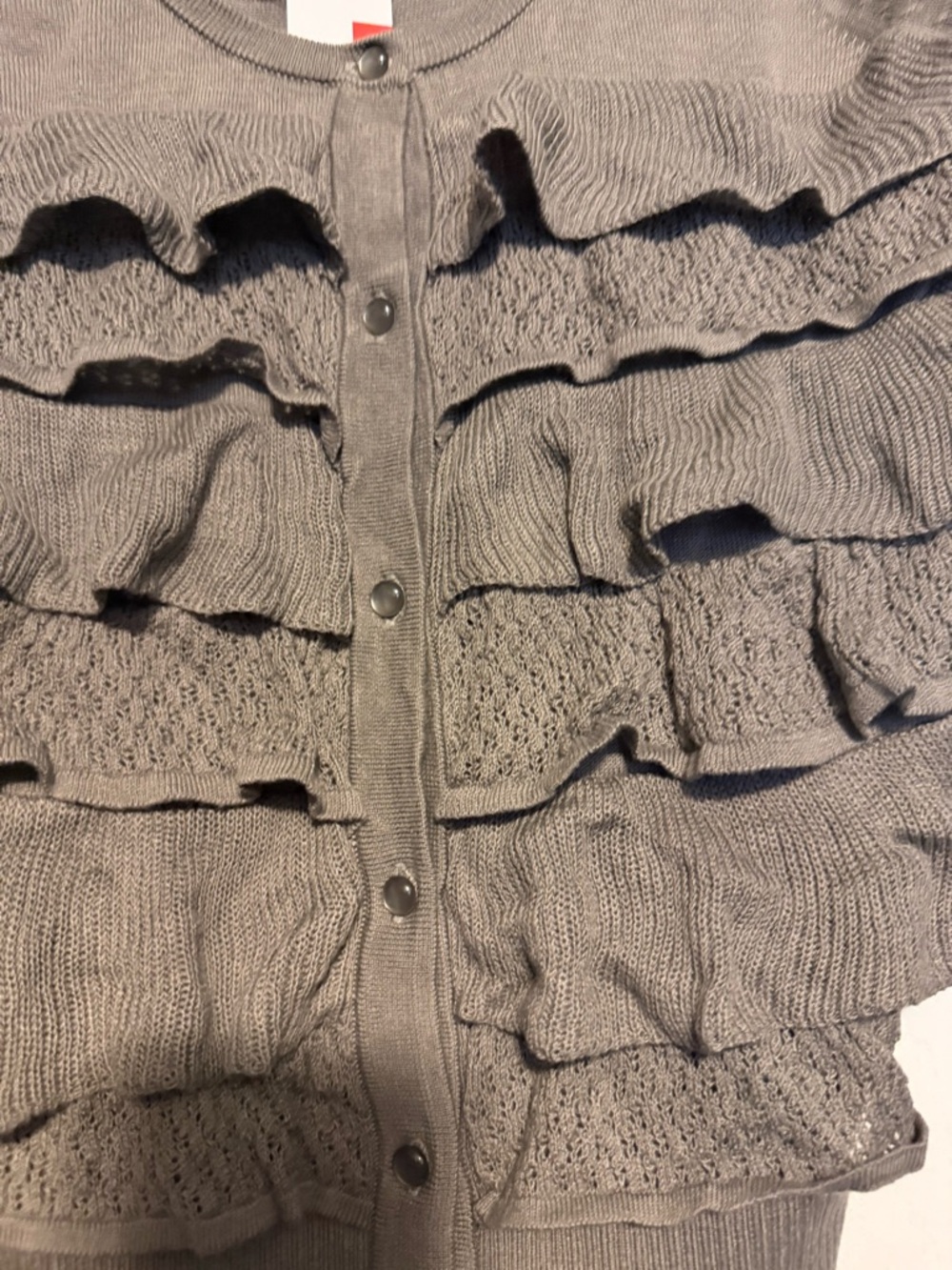 Elle Taupe Ruffle Button-Front Cardigan - Picture 2 of 5
